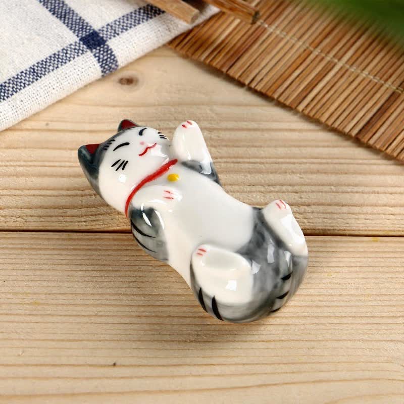 Buddha Stones Glossy Ceramic Reclining Lucky Cat Chopstick Holder - image 2