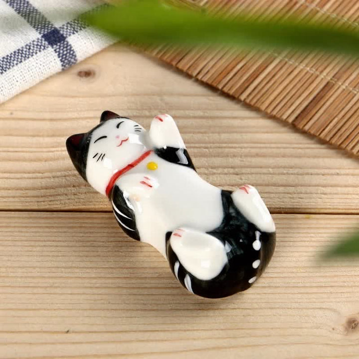 Buddha Stones Glossy Ceramic Reclining Lucky Cat Chopstick Holder - image 4