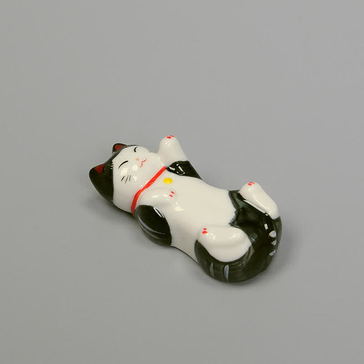Buddha Stones Glossy Ceramic Reclining Lucky Cat Chopstick Holder - Black(Approx. 6.5 cm × 3 cm × 2 cm) - image 3
