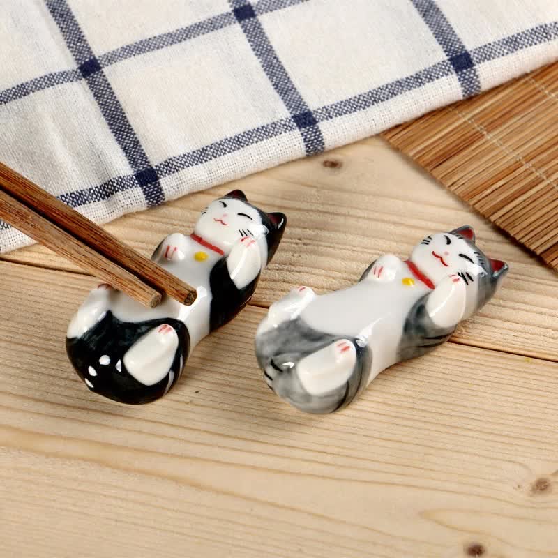 Buddha Stones Glossy Ceramic Reclining Lucky Cat Chopstick Holder - image 0