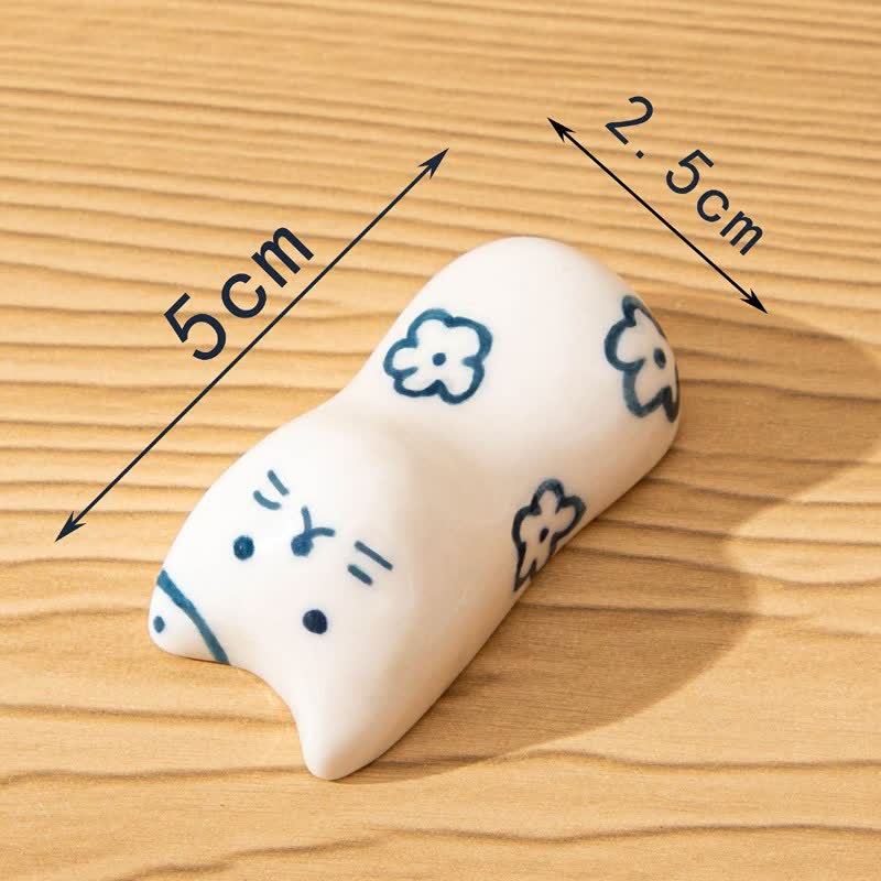 Buddha Stones Ceramic Purity Hand-Painted Cat-Shaped Chopstick Holder - Blue Patterns(Approx. 2.5 cm × 5.0 cm) - image 1