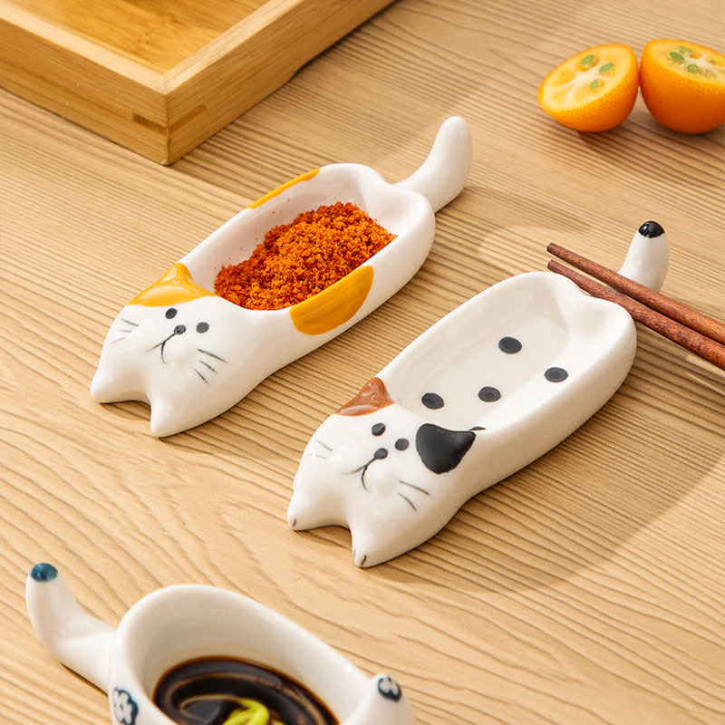 Buddha Stones Hand-Painted Cute Cat Ceramic Sauce Dish Chopstick Holder - image 0