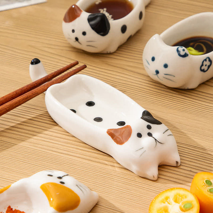 Buddha Stones Hand-Painted Cute Cat Ceramic Sauce Dish Chopstick Holder - image 14