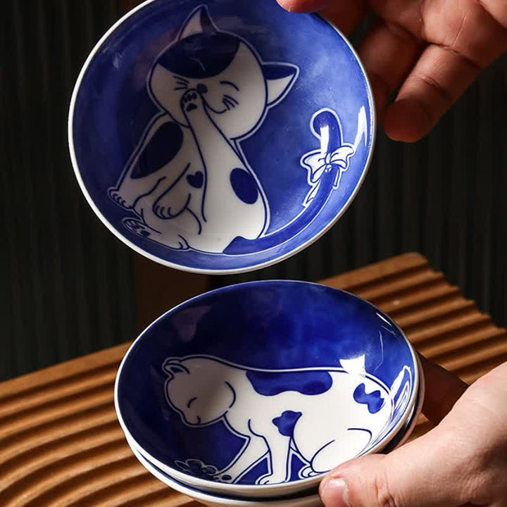 Buddha Stones Blue White Ceramic Playful Cat Round Sauce Dish - image 10
