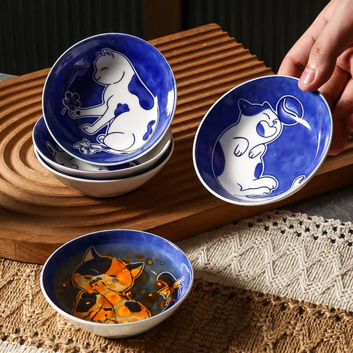 Buddha Stones Blue White Ceramic Playful Cat Round Sauce Dish - image 0