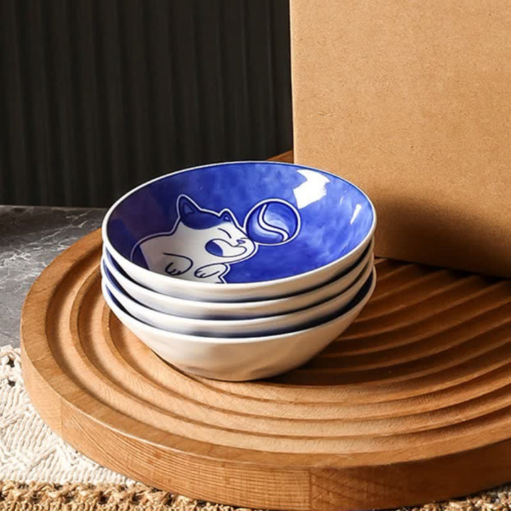 Buddha Stones Blue White Ceramic Playful Cat Round Sauce Dish - image 16
