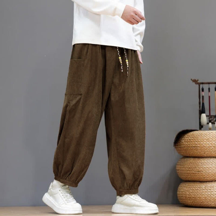 Buddha Stones Fall Winter Casual Drawstring Solid Corduroy Cropped Pants Men's Harem Pants With Pockets - image 6