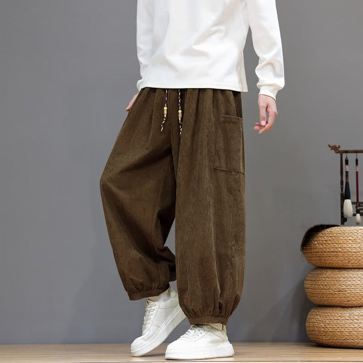 Buddha Stones Fall Winter Casual Drawstring Solid Corduroy Cropped Pants Men's Harem Pants With Pockets - image 7