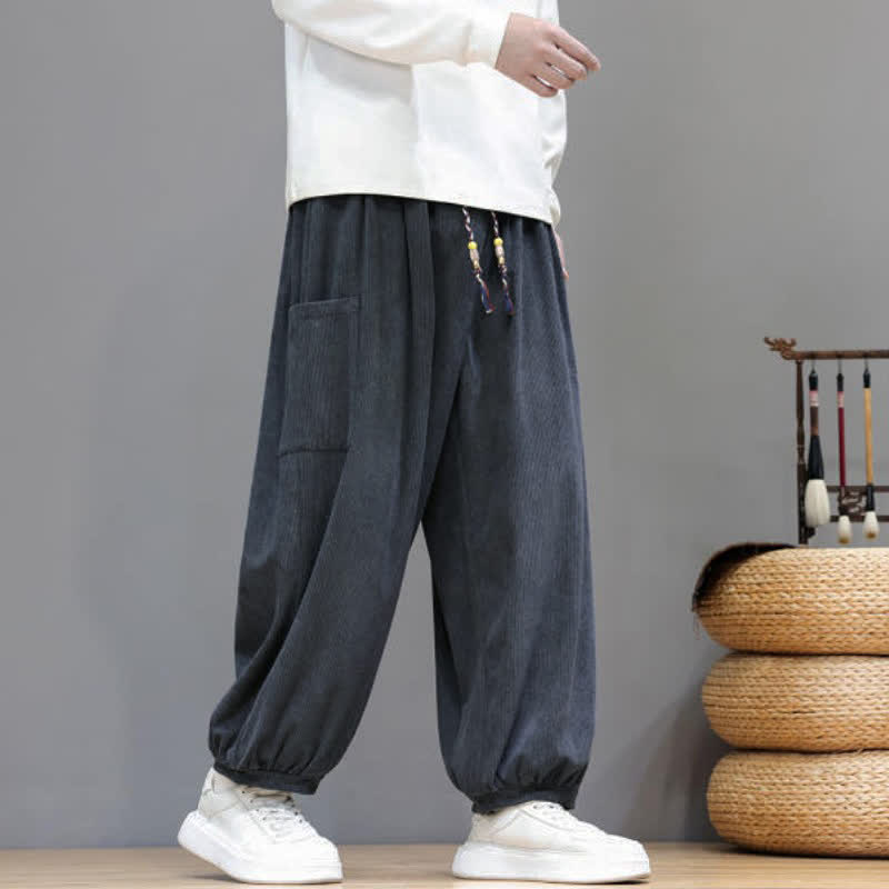 Buddha Stones Fall Winter Casual Drawstring Solid Corduroy Cropped Pants Men's Harem Pants With Pockets - image 10