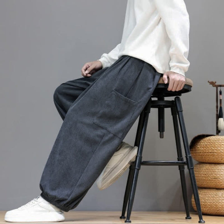 Buddha Stones Fall Winter Casual Drawstring Solid Corduroy Cropped Pants Men's Harem Pants With Pockets - image 17