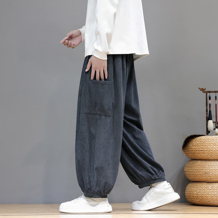 Buddha Stones Fall Winter Casual Drawstring Solid Corduroy Cropped Pants Men's Harem Pants With Pockets - image 11