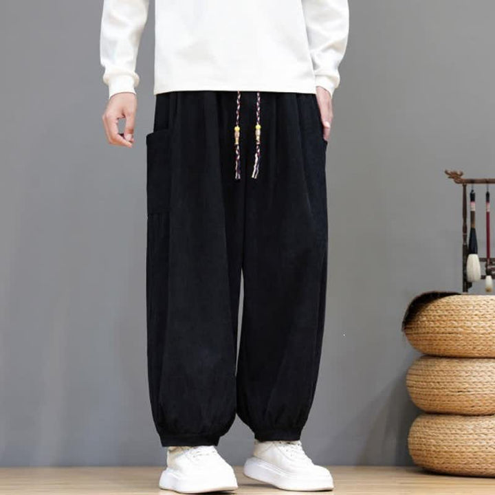 Buddha Stones Fall Winter Casual Drawstring Solid Corduroy Cropped Pants Men's Harem Pants With Pockets - image 22