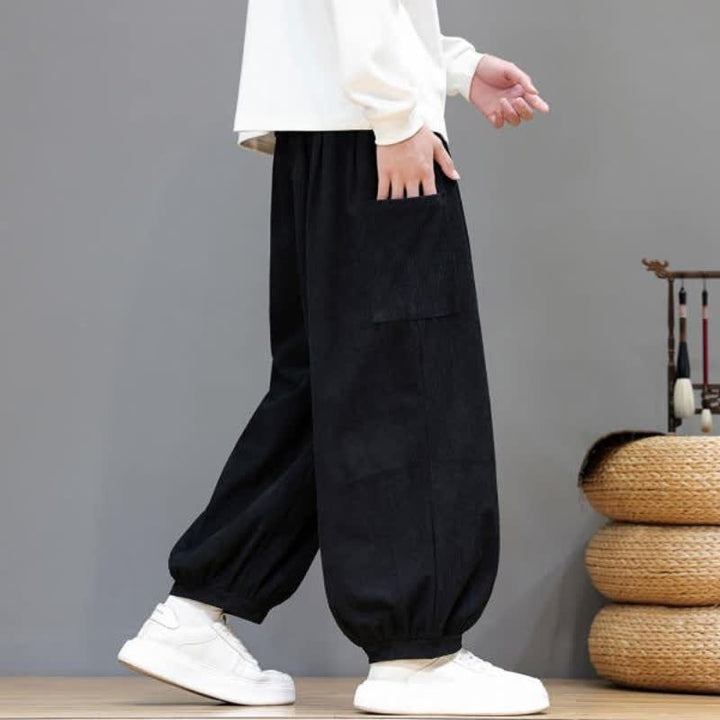 Buddha Stones Fall Winter Casual Drawstring Solid Corduroy Cropped Pants Men's Harem Pants With Pockets - image 25