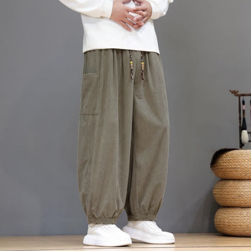 Buddha Stones Fall Winter Casual Drawstring Solid Corduroy Cropped Pants Men's Harem Pants With Pockets - image 30