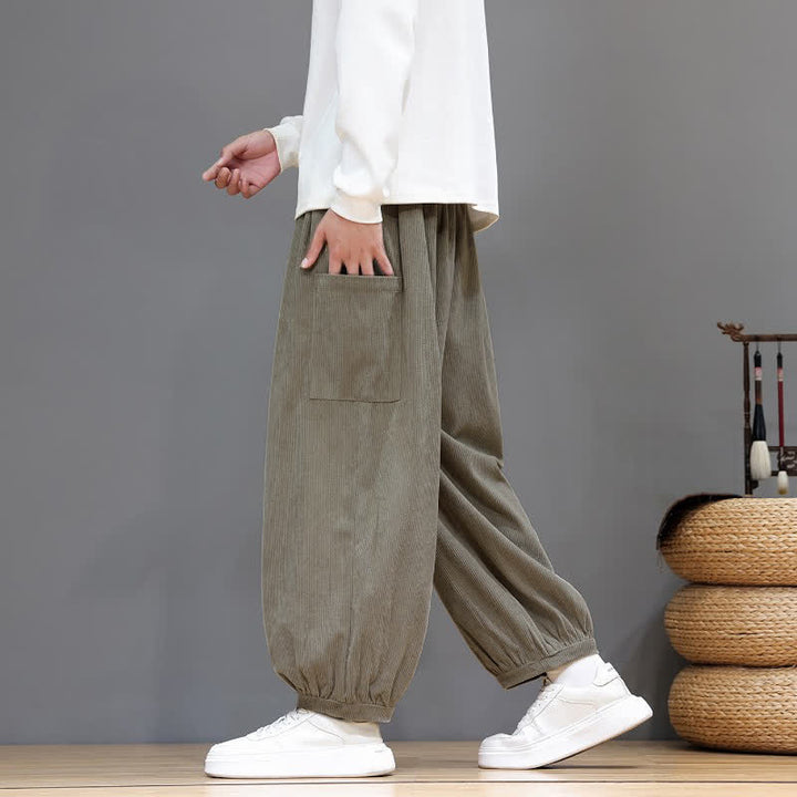 Buddha Stones Fall Winter Casual Drawstring Solid Corduroy Cropped Pants Men's Harem Pants With Pockets - image 33
