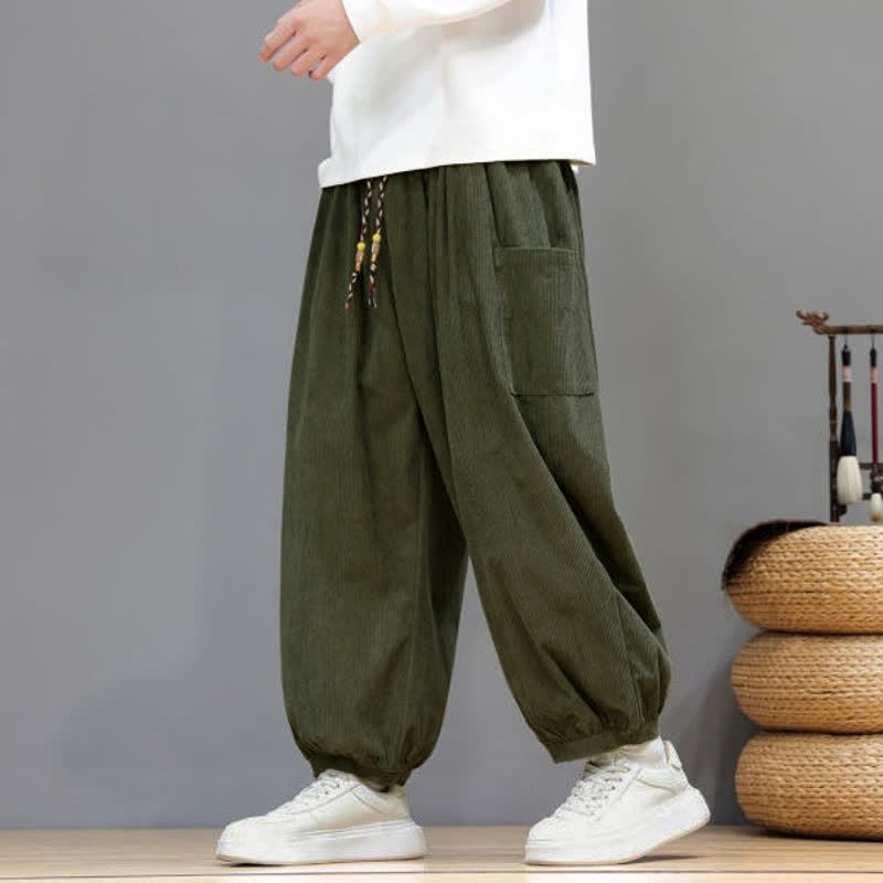 Buddha Stones Fall Winter Casual Drawstring Solid Corduroy Cropped Pants Men's Harem Pants With Pockets - image 41