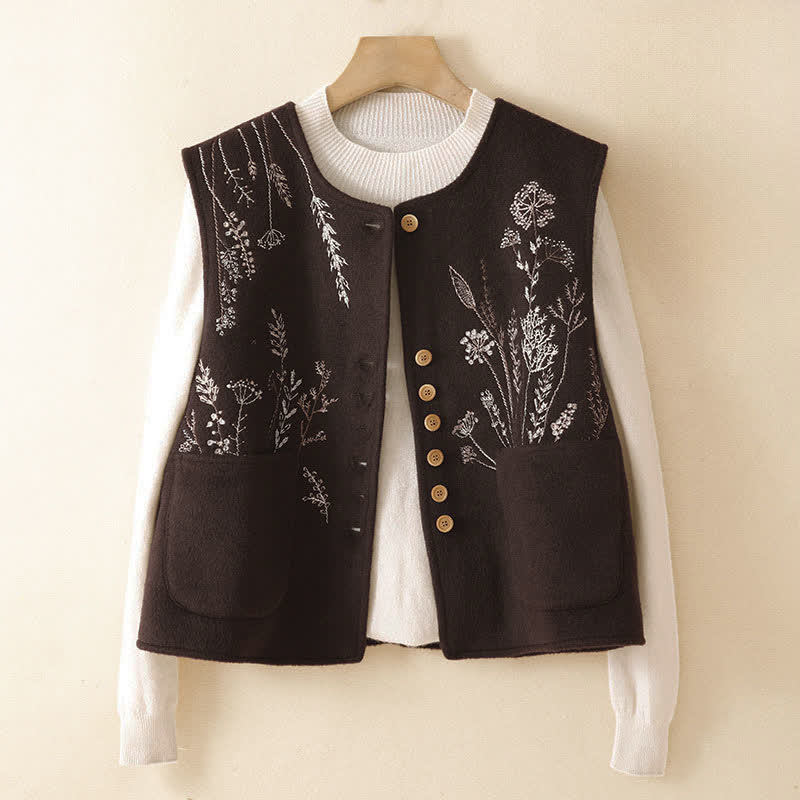 Buddha Stones Fall Winter Classic Vintage Tank Top Embroidery Floral Grass Women's Vest With Pockets - image 1