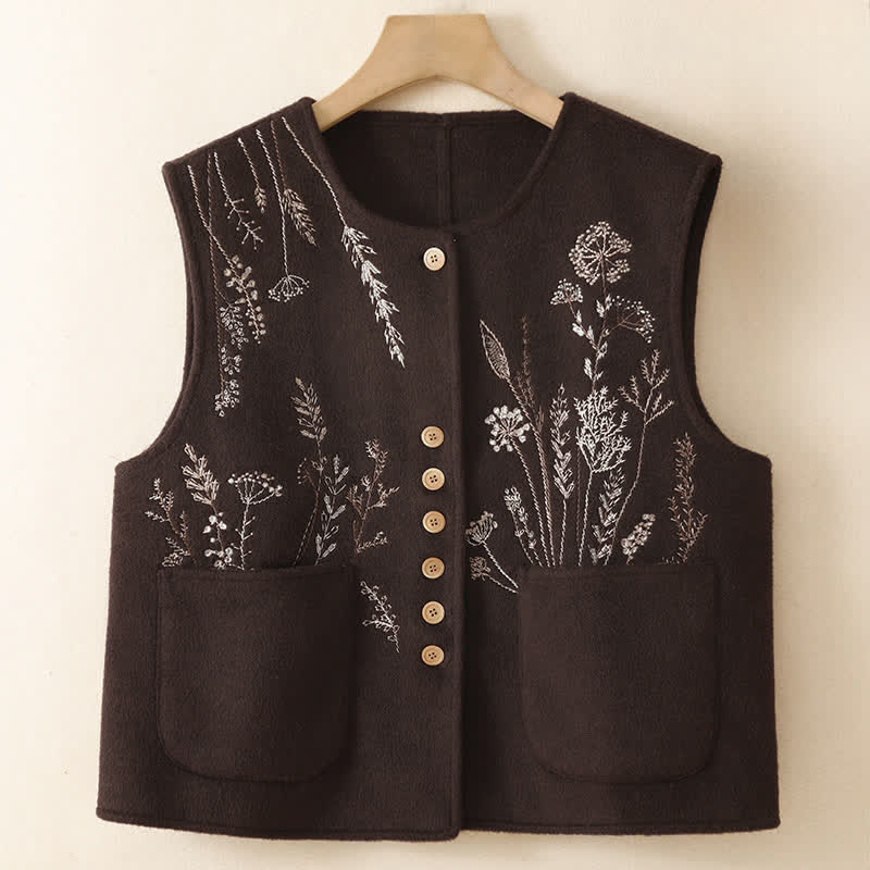 Buddha Stones Fall Winter Classic Vintage Tank Top Embroidery Floral Grass Women's Vest With Pockets - SaddleBrown - US8-10, UK/AU12-14, EU40-42 (2XL) - image 0