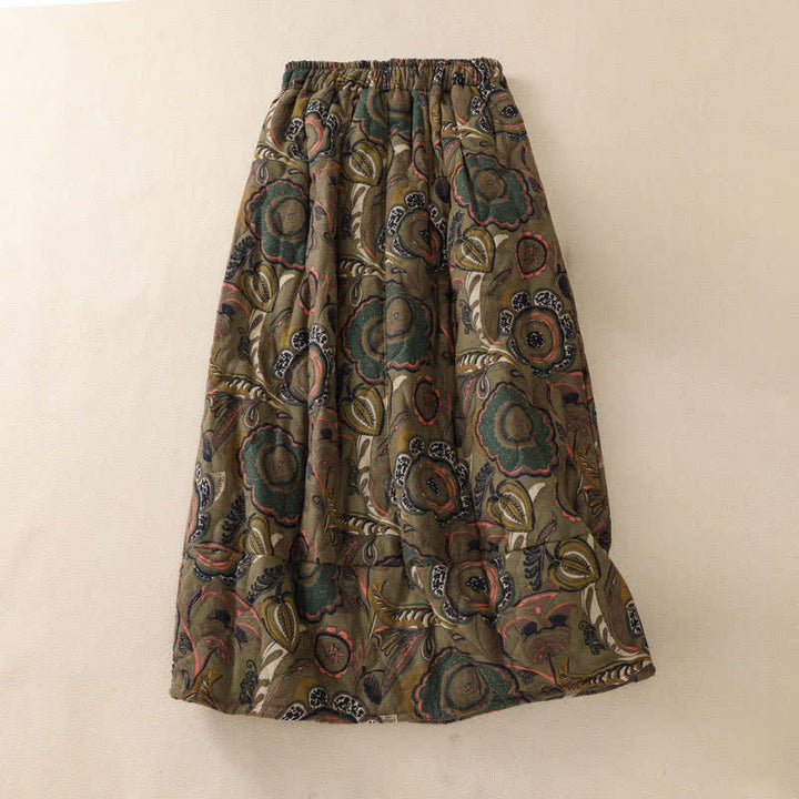 Buddha Stones Fall Winter Retro Elegant Floral Women's Skirt With Pockets - DarkOliveGreen - US6，UK/AU10，EU38 (XL) - image 0