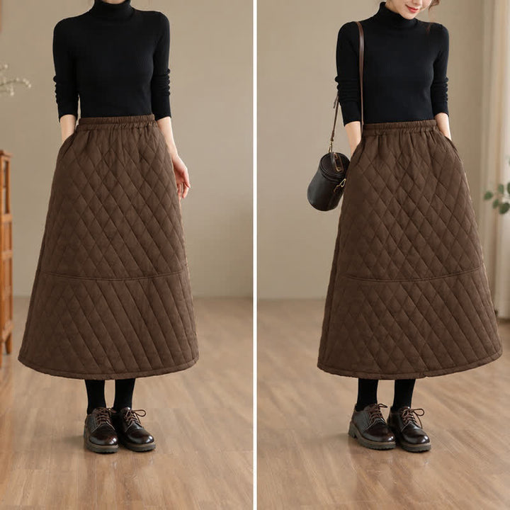 Buddha Stones Fall Winter Casual Vintage Design Quilted Solid Women's Skirt With Pockets - image 5