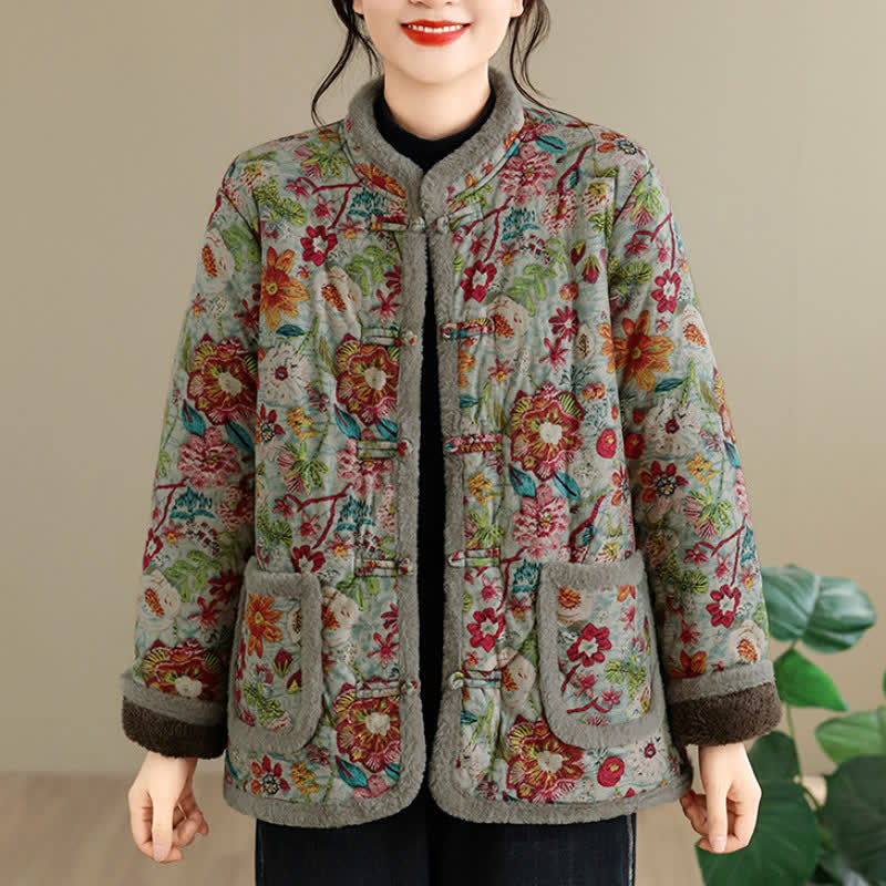 Buddha Stones Winter Vintage Tang Style Mandarin Collar Floral Cotton Women's Jacket With Pockets - image 1
