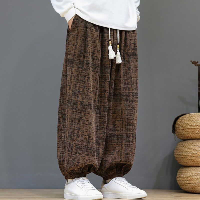 Buddha Stones Fall Classic Vintage Drawstring Plaid Ankle Pants Corduroy Men's Harem Pants With Pockets - SaddleBrown - US/UK/AU46, EU56 (5XL) - image 0