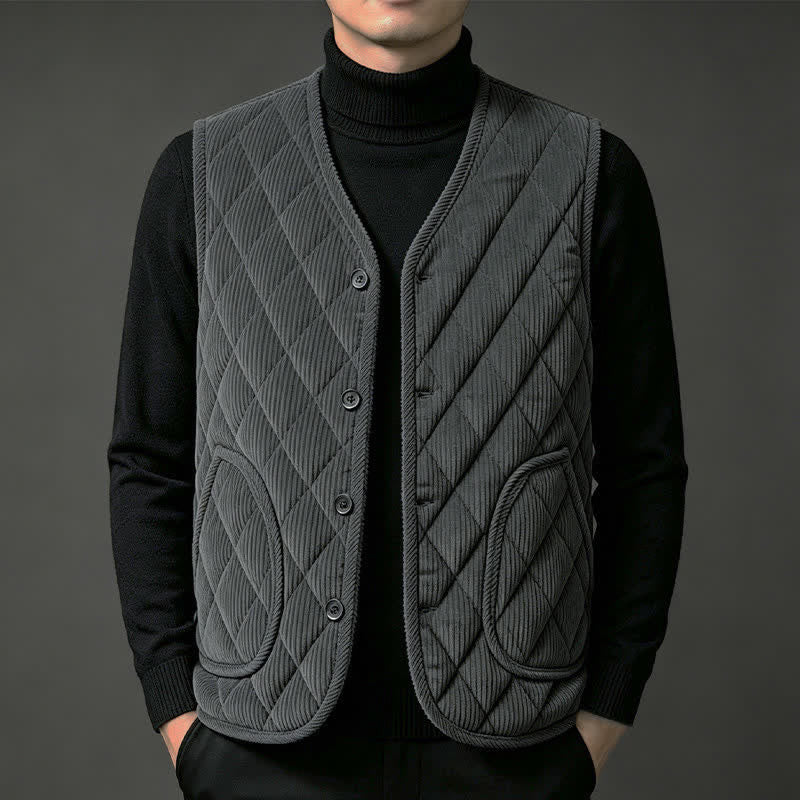 Buddha Stones Fall Winter Casual Minimalist Quilted V-Neck Geometric Tank Top Corduroy Men's Vest With Pockets - DarkSlateGray - US/UK/AU44, EU54 (5XL) - image 0
