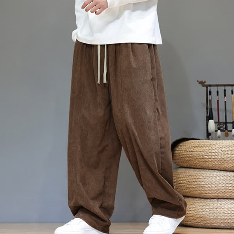 Buddha Stones Fall Winter Simple Drawstring Solid Ankle Pants Corduroy Men's Straight Leg Pants With Pockets - image 2