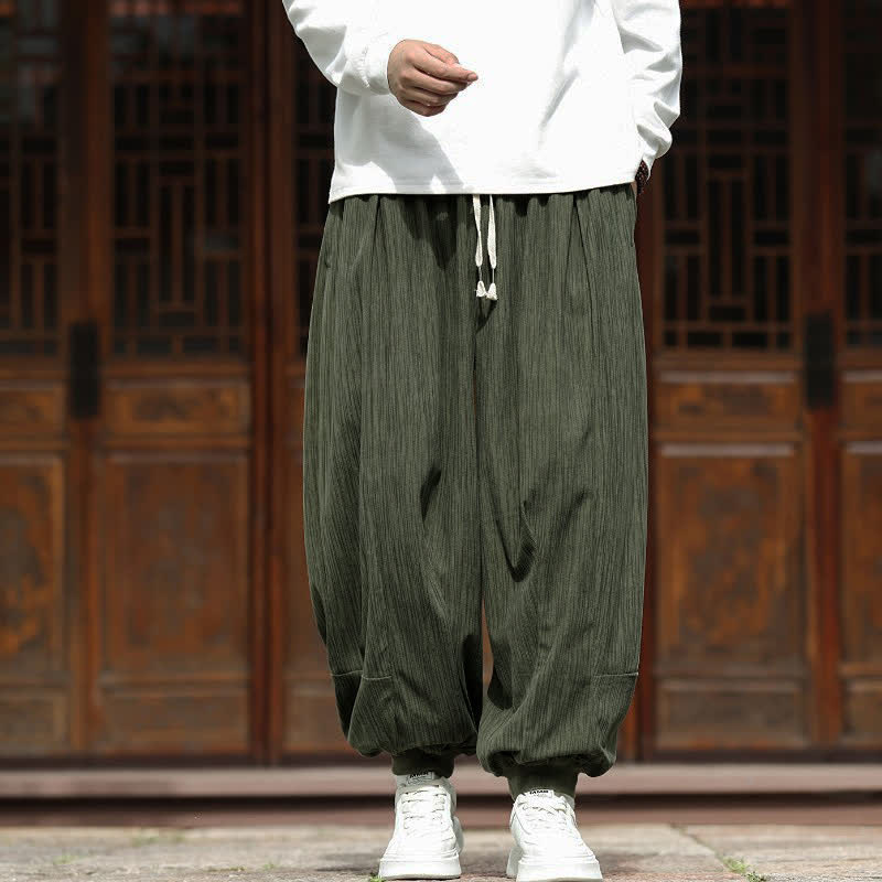 Buddha Stones Fall Winter Casual Boho Drawstring Solid Cropped Pants Corduroy Men's Harem Pants With Pockets - image 35
