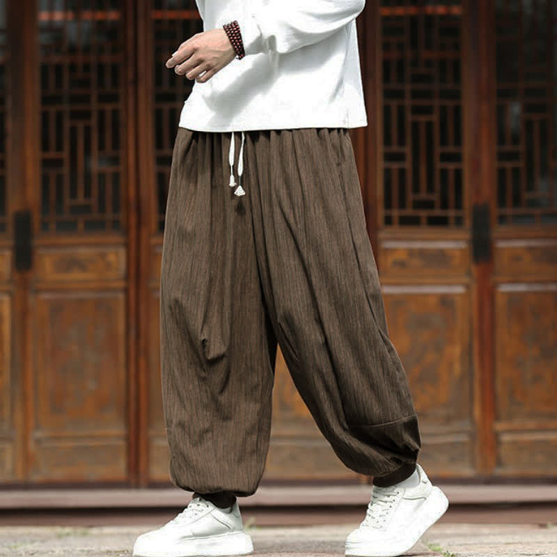 Buddha Stones Fall Winter Casual Boho Drawstring Solid Cropped Pants Corduroy Men's Harem Pants With Pockets - image 2