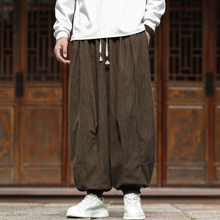 Buddha Stones Fall Winter Casual Boho Drawstring Solid Cropped Pants Corduroy Men's Harem Pants With Pockets - image 4