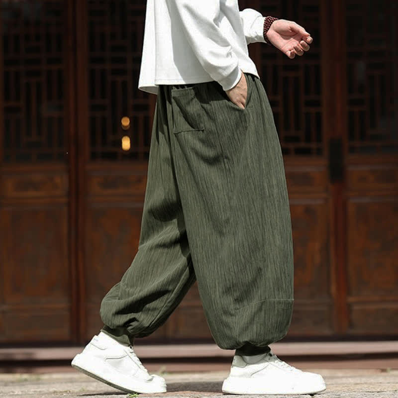 Buddha Stones Fall Winter Casual Boho Drawstring Solid Cropped Pants Corduroy Men's Harem Pants With Pockets - image 34