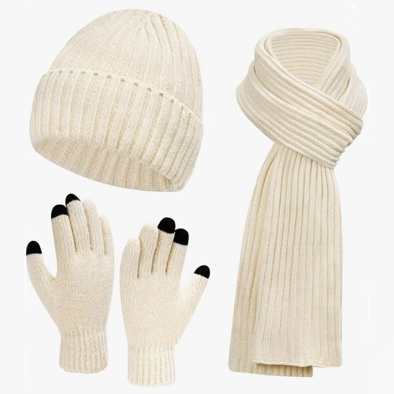 Buddha Stones 3Pcs Fall Winter Ribbed Knit Cozy Women's Scarf Hat Gloves - Ivory - image 1