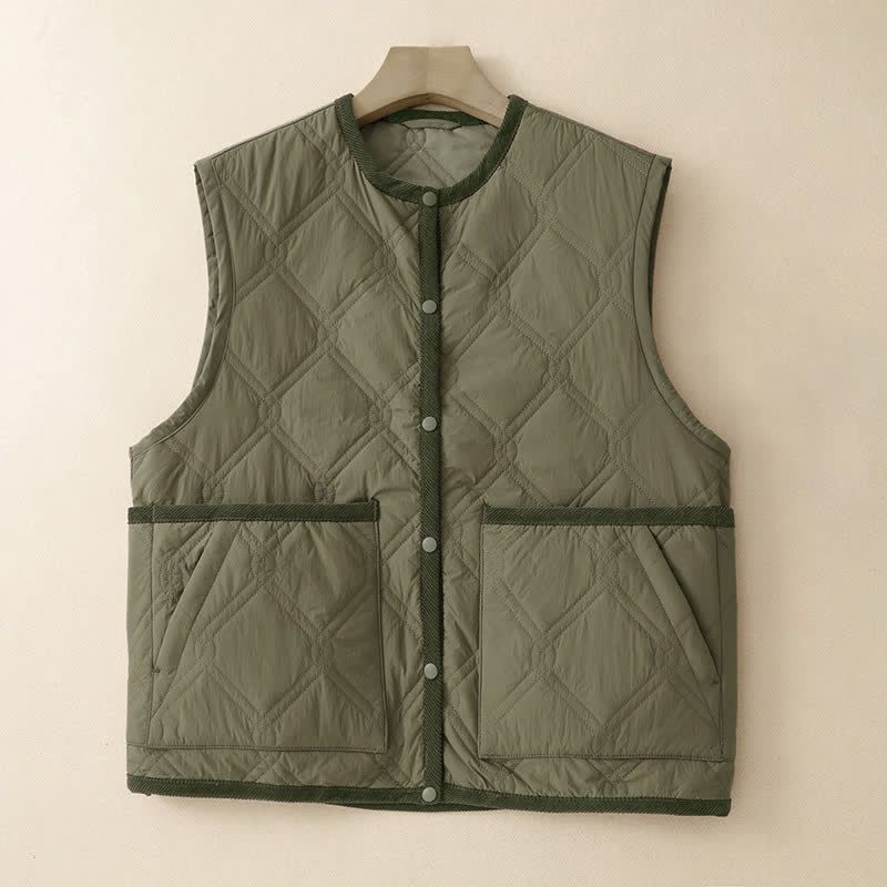 Buddha Stones Fall Winter Casual Minimalist Button-Up Solid Tank Top Women's Vest With Pockets - Olive - US8-10, UK/AU12-14, EU40-42 (2XL) - image 1