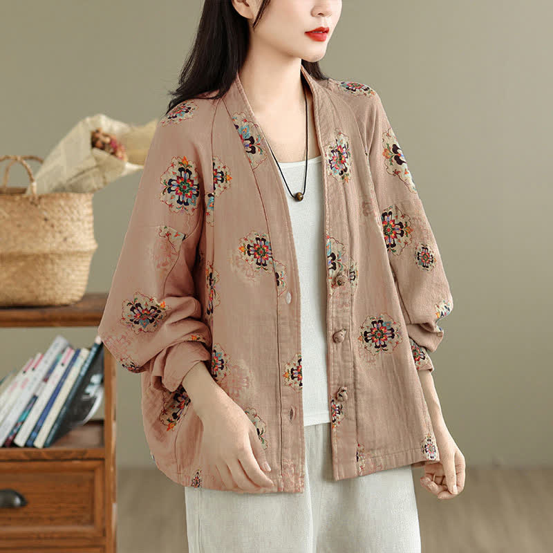 Buddha Stones Spring Casual Vintage Button-Up Floral Pattern Cropped Women's Jacket - image 1