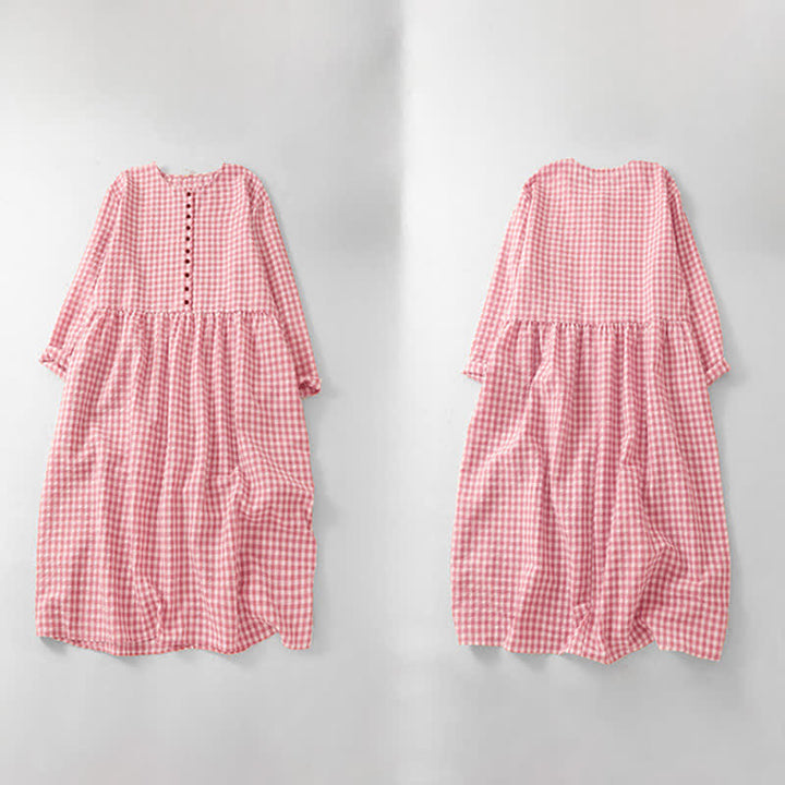 Buddha Stones Spring Vintage Button-Up Pink Plaid Crew Neck Women's Long Sleeve Dress With Pockets - image 3