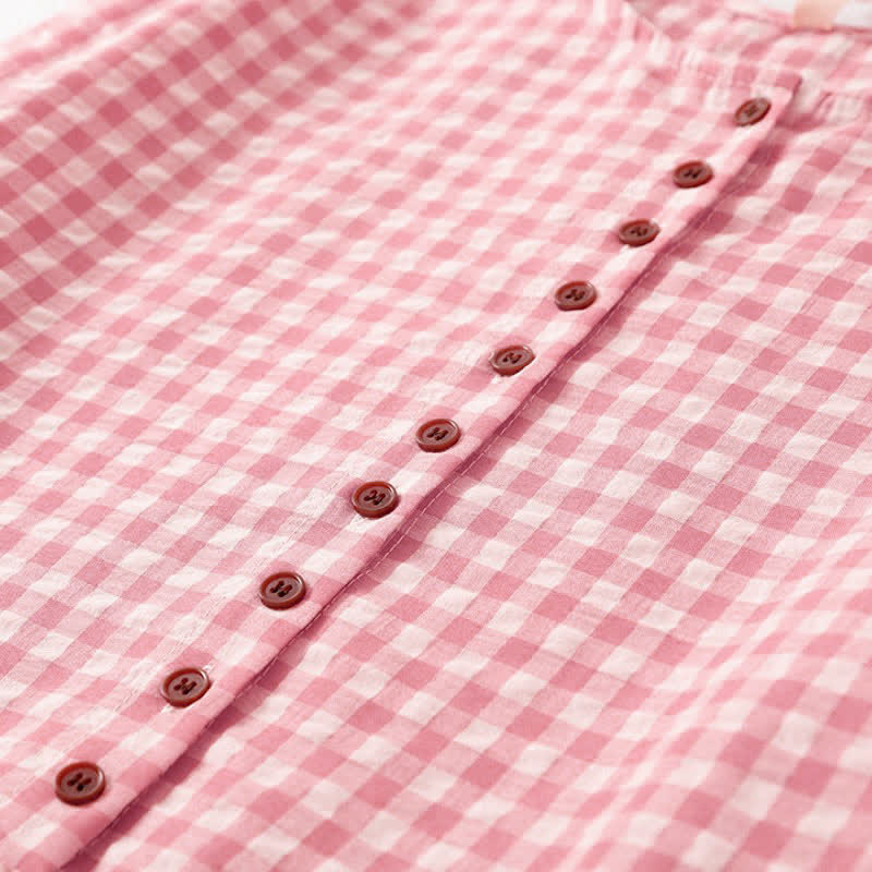 Buddha Stones Spring Vintage Button-Up Pink Plaid Crew Neck Women's Long Sleeve Dress With Pockets - image 6