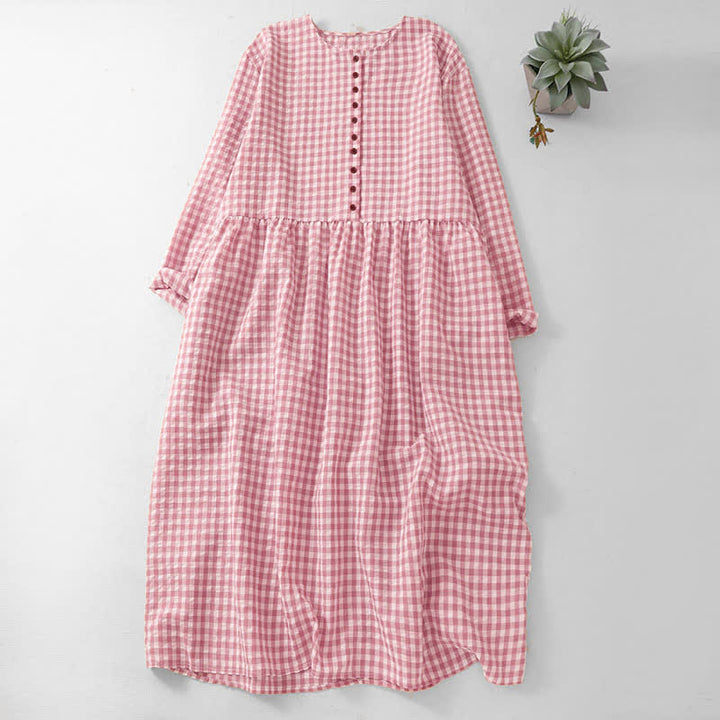 Buddha Stones Spring Vintage Button-Up Pink Plaid Crew Neck Women's Long Sleeve Dress With Pockets - Pink - US8-10, UK/AU12-14, EU40-42 (2XL) - image 0