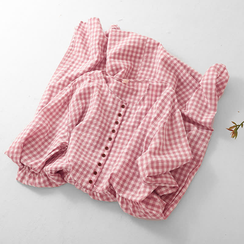 Buddha Stones Spring Vintage Button-Up Pink Plaid Crew Neck Women's Long Sleeve Dress With Pockets - image 2