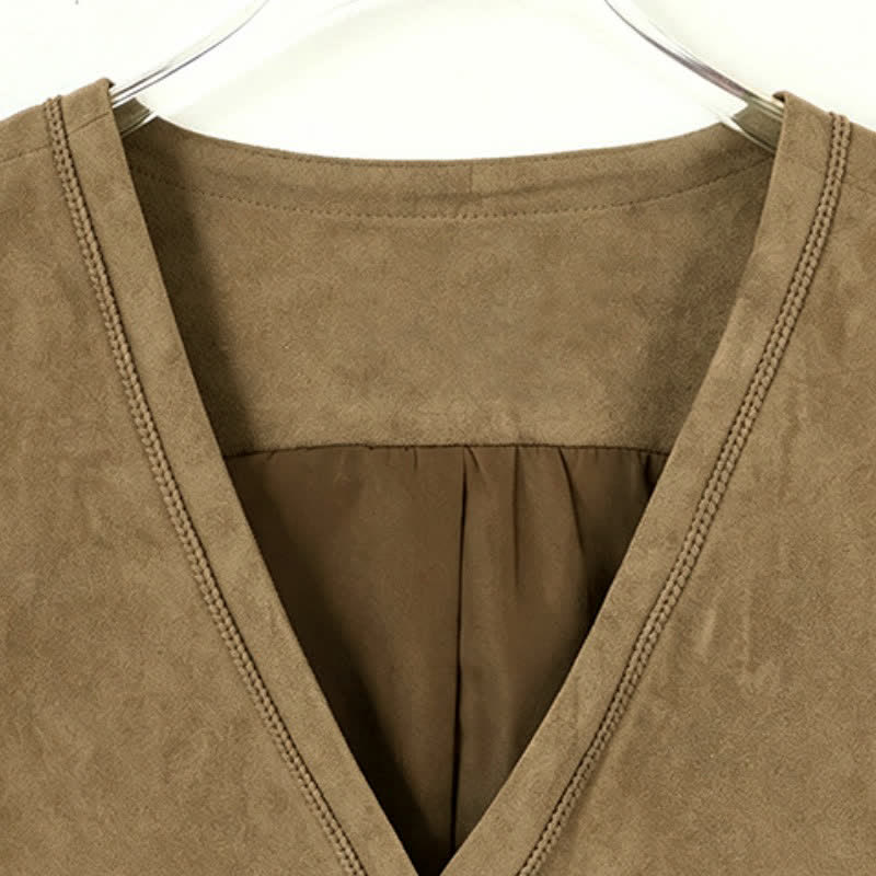 Buddha Stones Fall Vintage Casual Button-Up Drawstring V-Neck Solid Cotton Tank Top Women's Vest - image 13