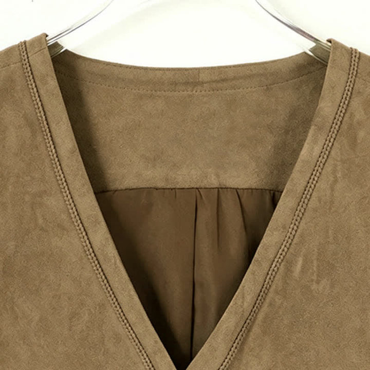 Buddha Stones Fall Vintage Casual Button-Up Drawstring V-Neck Solid Cotton Tank Top Women's Vest - image 13