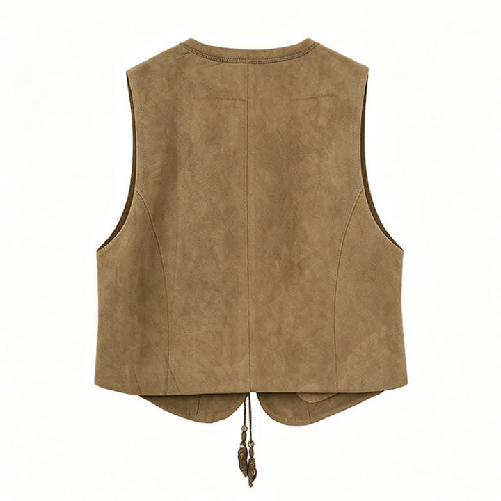Buddha Stones Fall Vintage Casual Button-Up Drawstring V-Neck Solid Cotton Tank Top Women's Vest - image 12