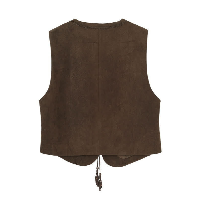 Buddha Stones Fall Vintage Casual Button-Up Drawstring V-Neck Solid Cotton Tank Top Women's Vest - image 2