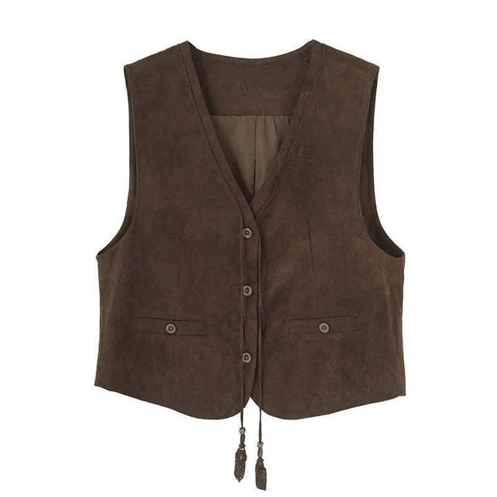 Buddha Stones Fall Vintage Casual Button-Up Drawstring V-Neck Solid Cotton Tank Top Women's Vest - image 1