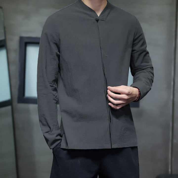 Buddha Stones Fall Tang Style Minimalist Frog Button Solid Men's Long Sleeve Shirts - image 3