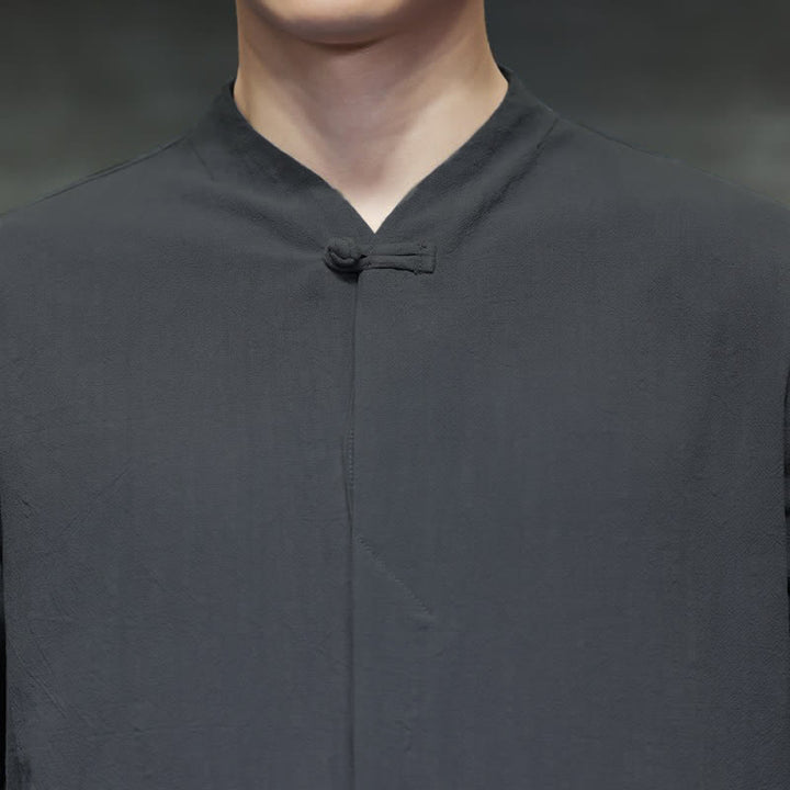 Buddha Stones Fall Tang Style Minimalist Frog Button Solid Men's Long Sleeve Shirts - image 6