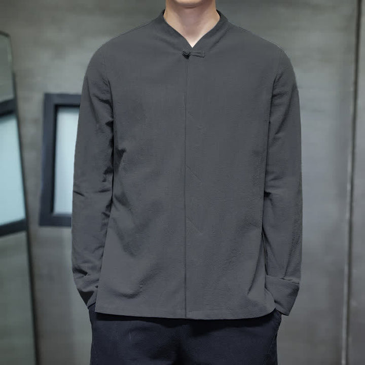 Buddha Stones Fall Tang Style Minimalist Frog Button Solid Men's Long Sleeve Shirts - image 2