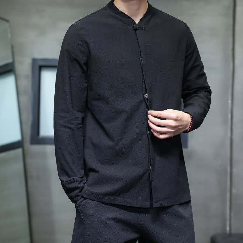 Buddha Stones Fall Tang Style Minimalist Frog Button Solid Men's Long Sleeve Shirts - image 18