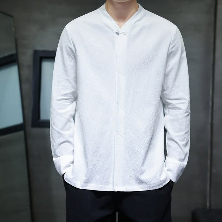 Buddha Stones Fall Tang Style Minimalist Frog Button Solid Men's Long Sleeve Shirts - White - US/UK/AU46, EU56 (5XL) - image 24