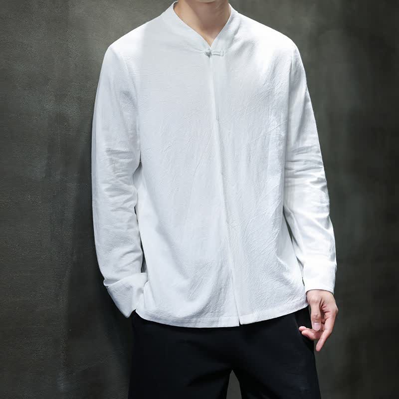 Buddha Stones Fall Tang Style Minimalist Frog Button Solid Men's Long Sleeve Shirts - image 29